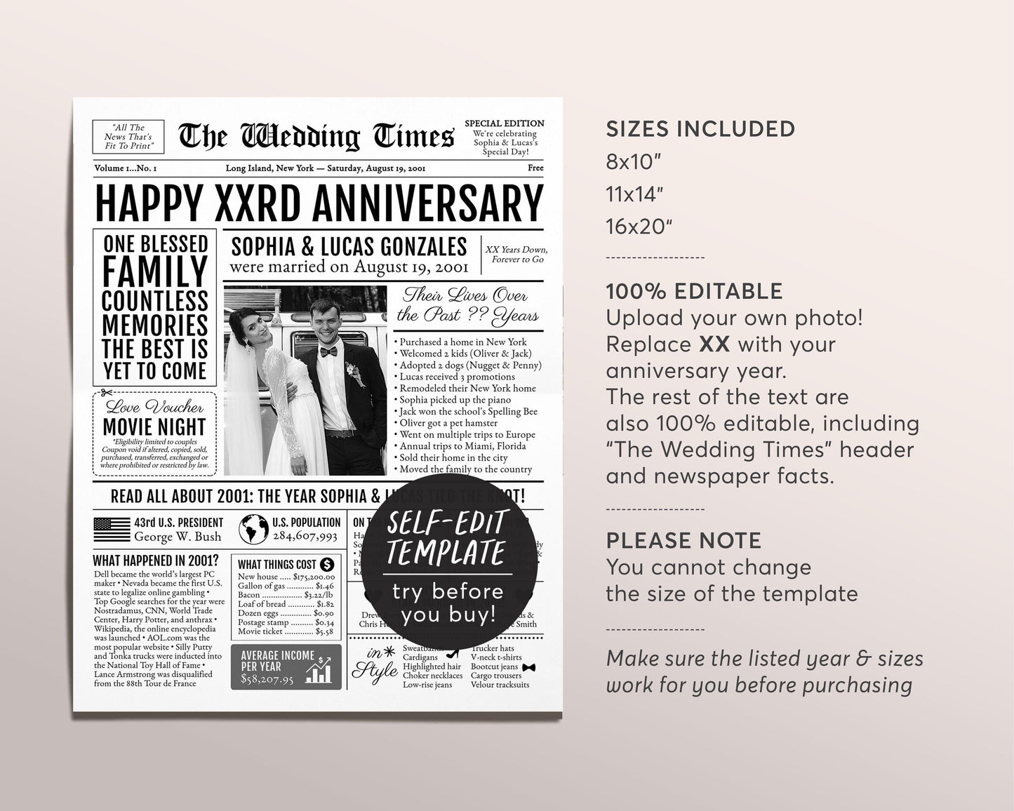 Back in 2001 23rd 24th 25th Anniversary Gift Newspaper Editable Template, Personalized 23 24 25 26 Year Wedding For Parents Husband Or Wife