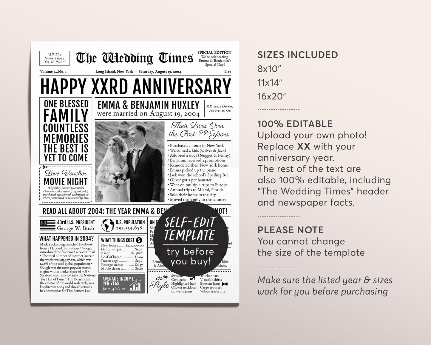 Back in 2004 20th 21st 22nd Anniversary Gift Newspaper Editable Template, Personalized 20 21 22 Year Wedding For Parents Husband Or Wife