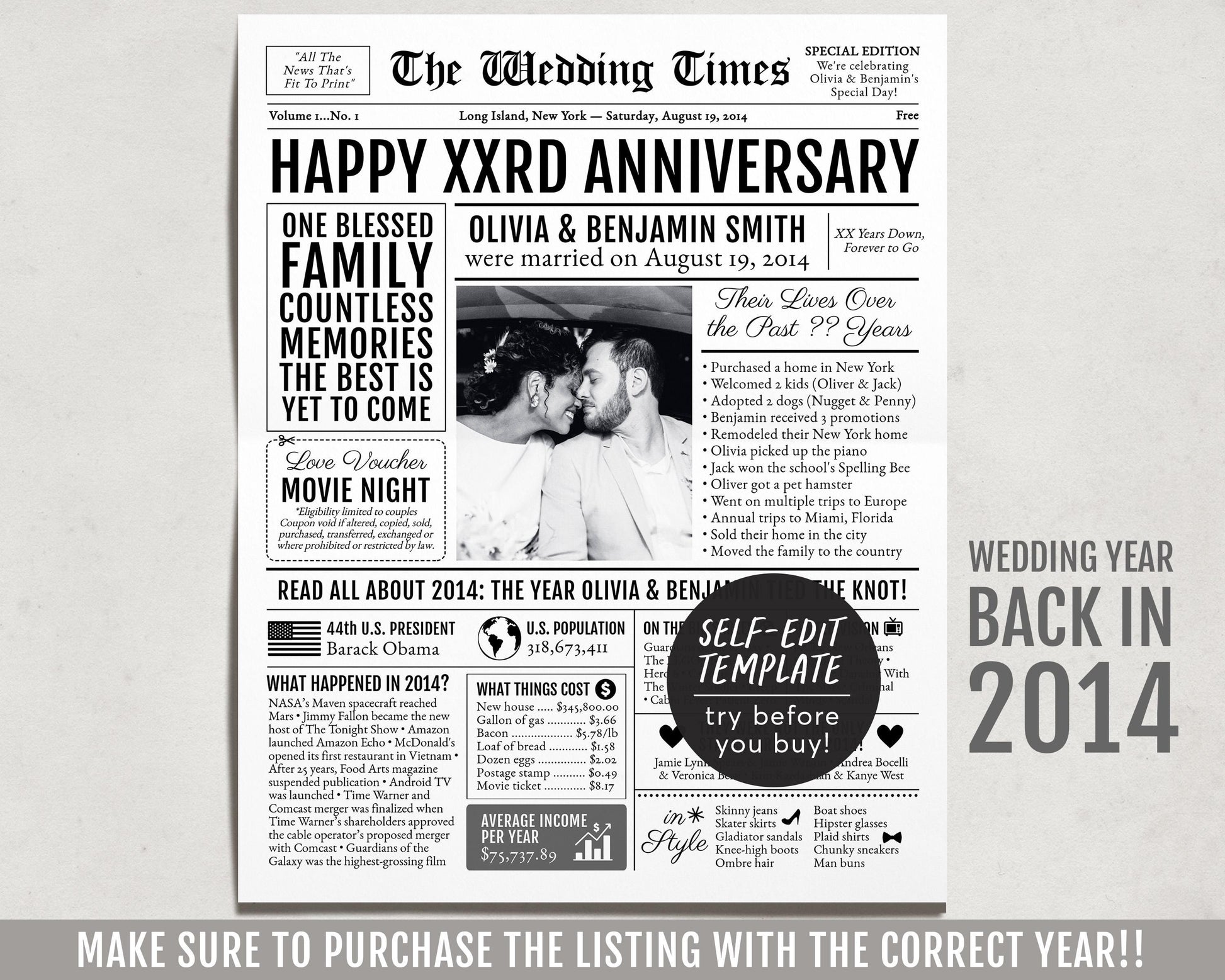 Back in 2014 10th 11th 12th Anniversary Gift Newspaper Editable Template