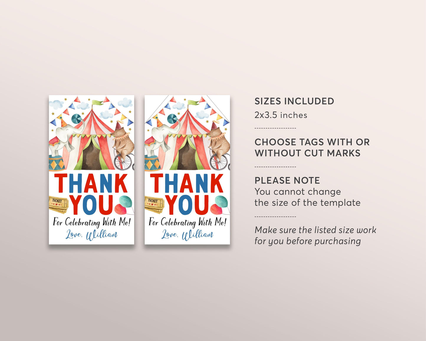 Circus Birthday Party Favor Tags Editable Template, Carnival Theme Thank You Treat Bag, Kids Come One Come All Gift Tags, Amusement Park