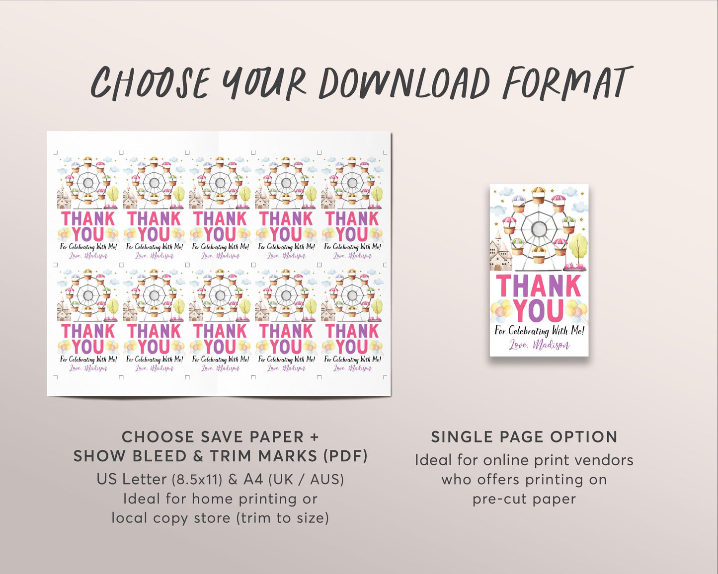 Amusement Park Birthday Party Favor Tags Editable Template, Girl Pink Carnival Thank You Treat Bag, Theme Park Party Gift Tags, Ferris Wheel