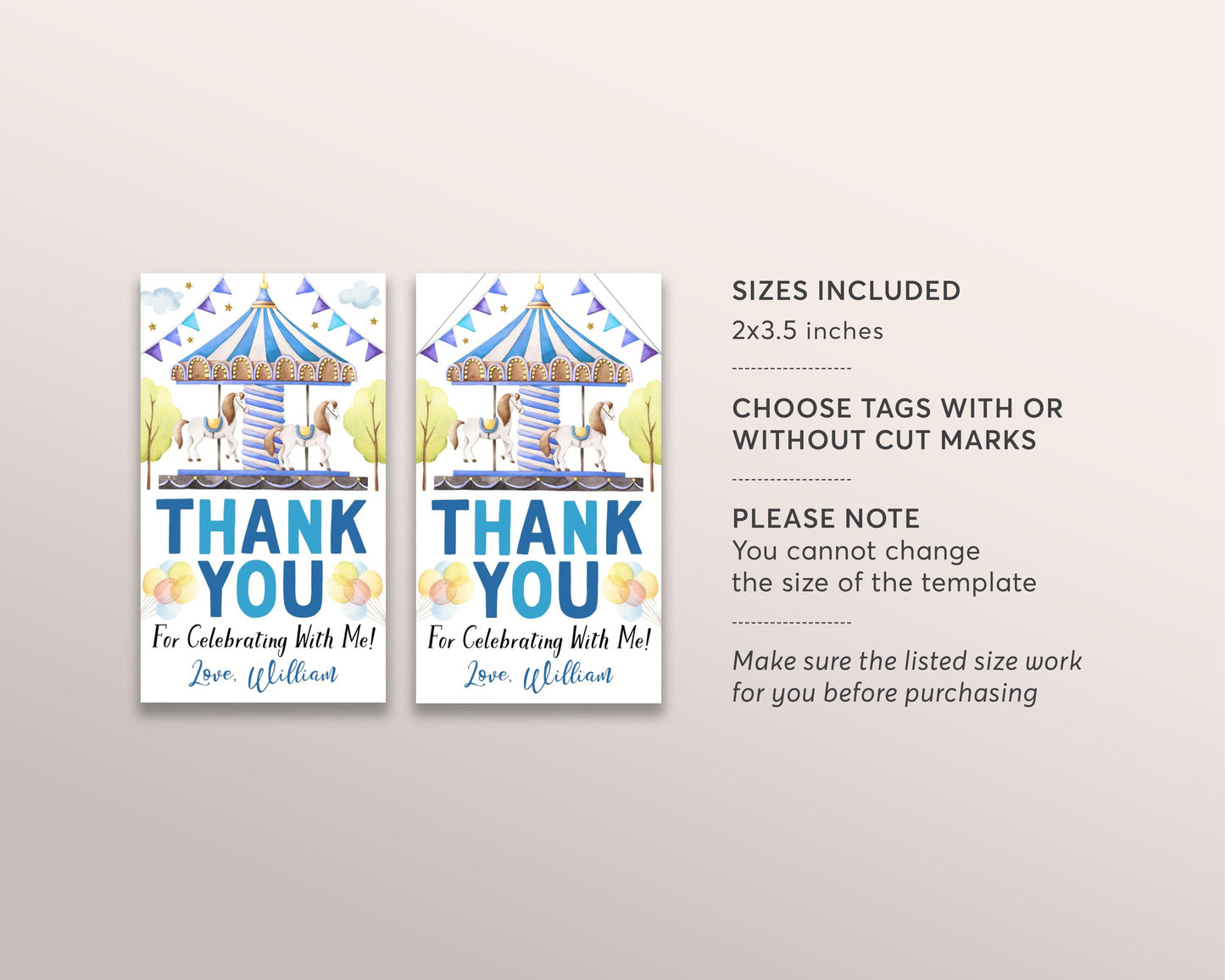 Carousel Birthday Party Favor Tags Editable Template, Merry Go Round Thank You Treat Bag, Magical Horse Theme Park Gift Tags Goodie Bag