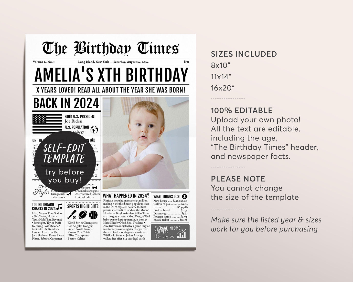 Back in 2024 Birthday Newspaper Editable Template, 1 2 3 Years Ago, 1st 2nd 3rd Birthday Sign Decorations Decor for Boy Or Girl Kids Decor