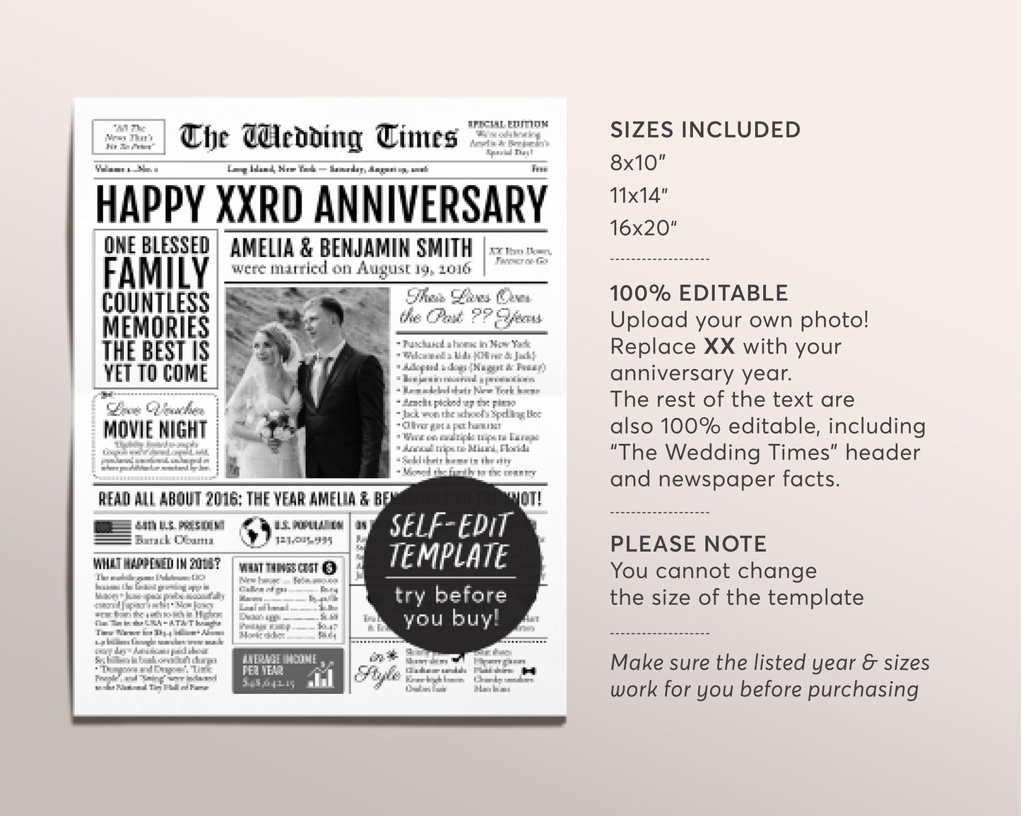 Back in 2016 8th 9th 10th Anniversary Gift Newspaper Editable Template, Personalized 8 9 10 Year Wedding For Parents Husband Or Wife