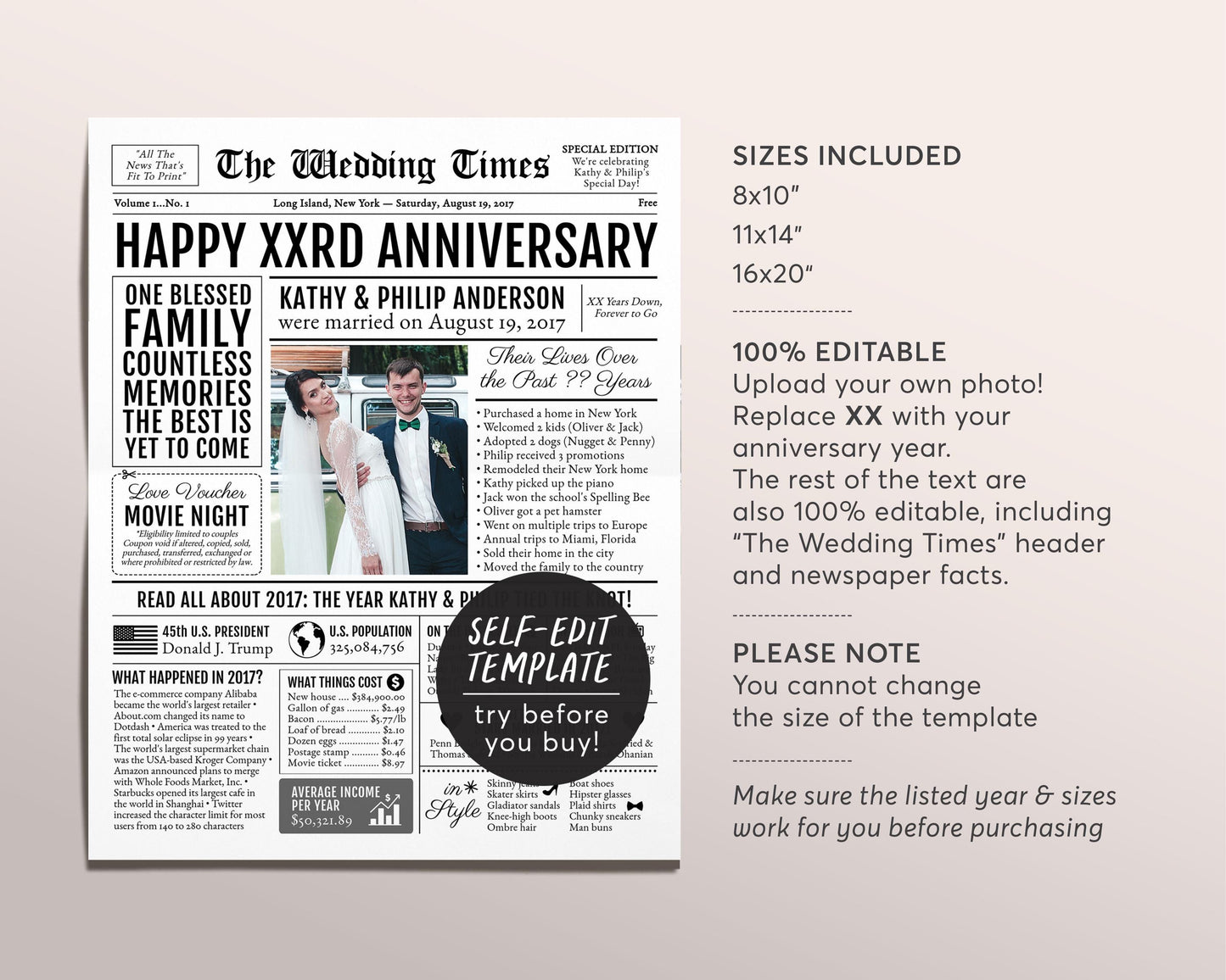 Back in 2017 7th 8th 9th Anniversary Gift Newspaper Editable Template, Personalized 7 8 9 Year Wedding For Parents Husband Or Wife