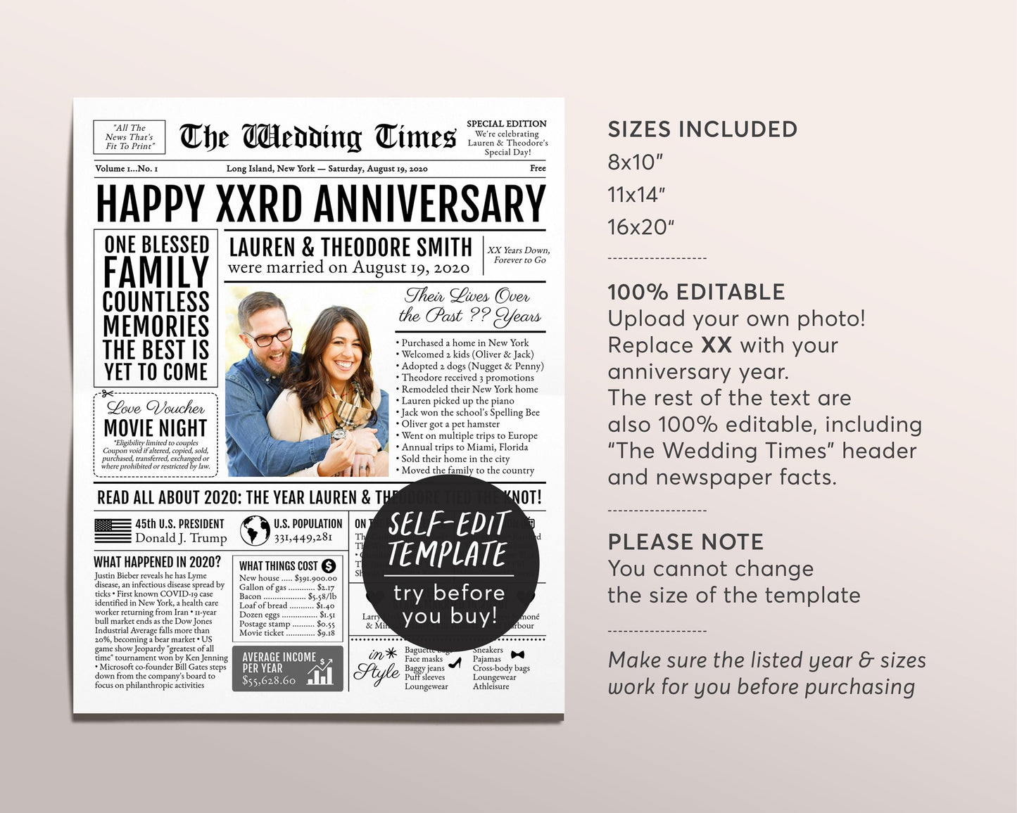 Back in 2020 4th 5th 6th Anniversary Gift Newspaper Editable Template, Personalized 4 5 6 Year Wedding For Parents Husband Or Wife