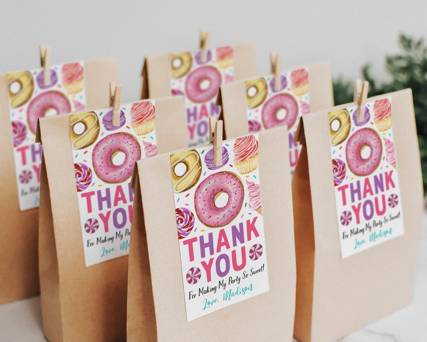 Sweet One Birthday Party Favor Tags Editable Template, Girl Donuts And Candy Thank You Treat Bag, Kids Sprinkles Sweets Dessert Gift Tag