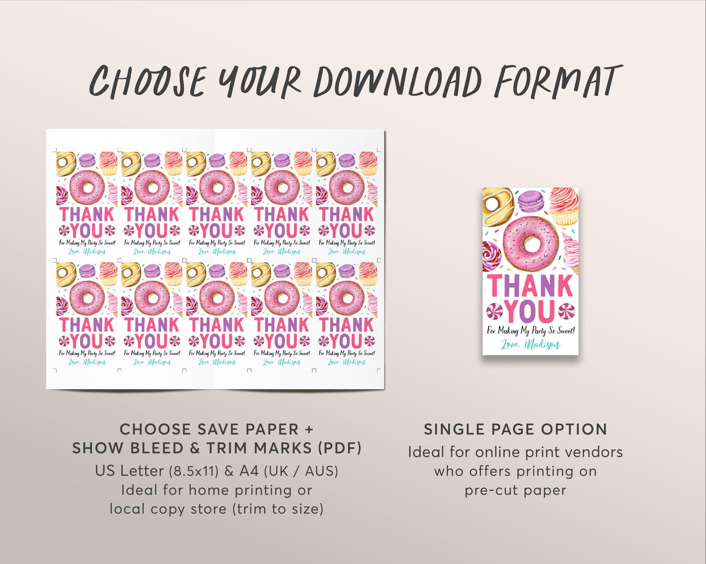 Sweet One Birthday Party Favor Tags Editable Template, Girl Donuts And Candy Thank You Treat Bag, Kids Sprinkles Sweets Dessert Gift Tag