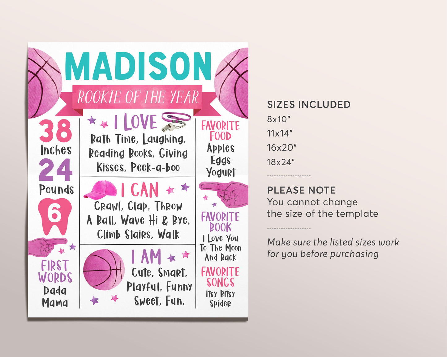 Basketball First Year Milestone Sign Editable Template, Girl Pink Rookie Of The Year First Birthday Decor Stats Poster, One Year Sports Sign