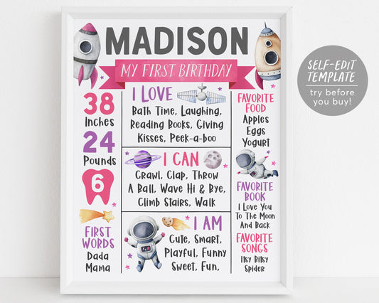 Outer Space First Year Milestone Sign Editable Template