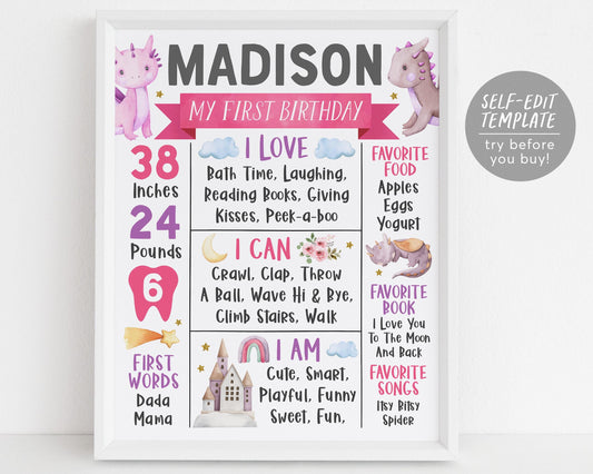 Dragon First Year Milestone Sign Editable Template