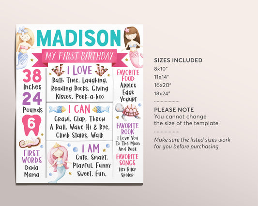 Mermaid First Year Milestone Sign Editable Template, Oneder The Sea Birthday Birth Stats Poster, Under The Sea Little Mermaid One Year Board
