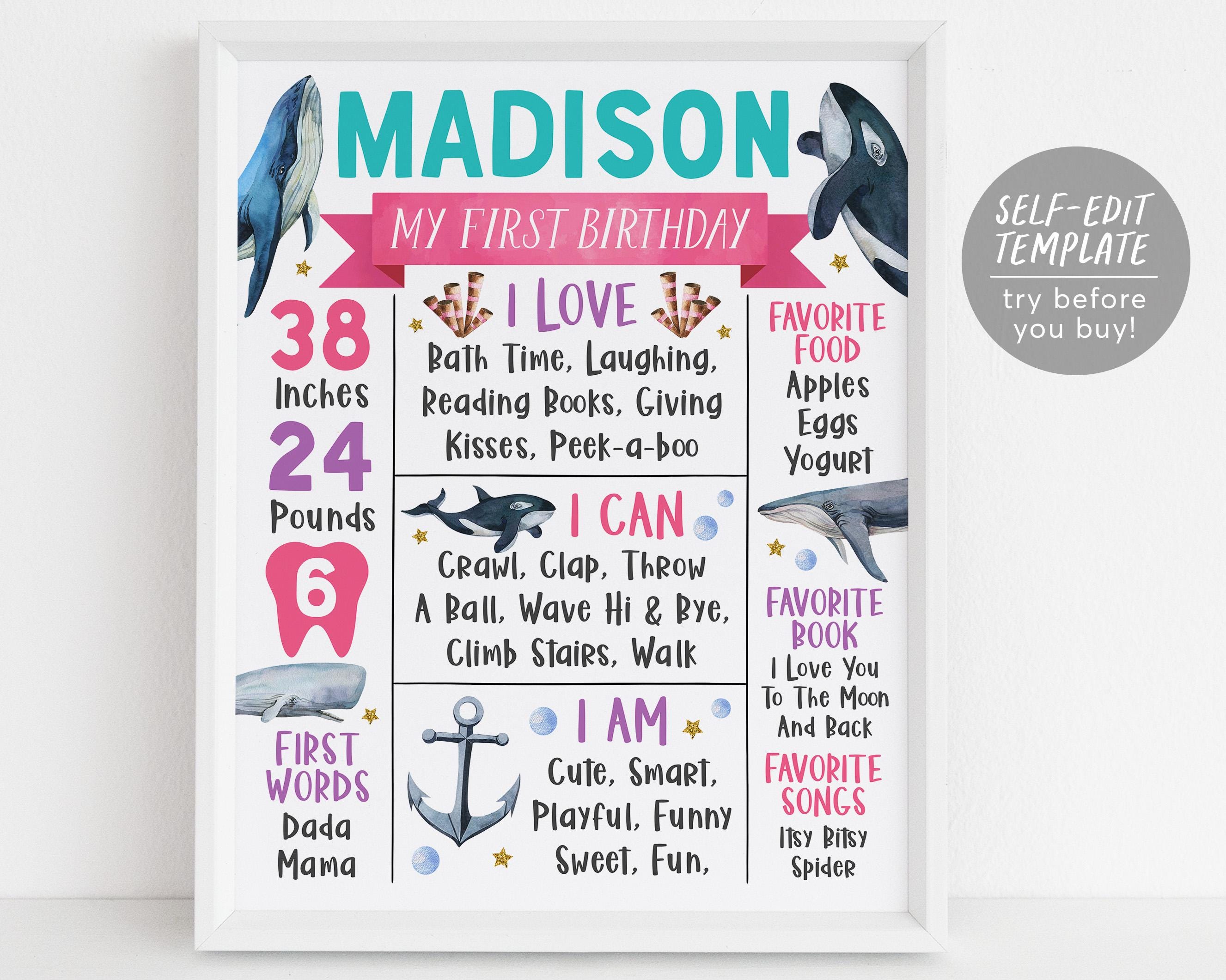 Whale First Year Milestone Sign Editable Template, Girl Under The Sea ...