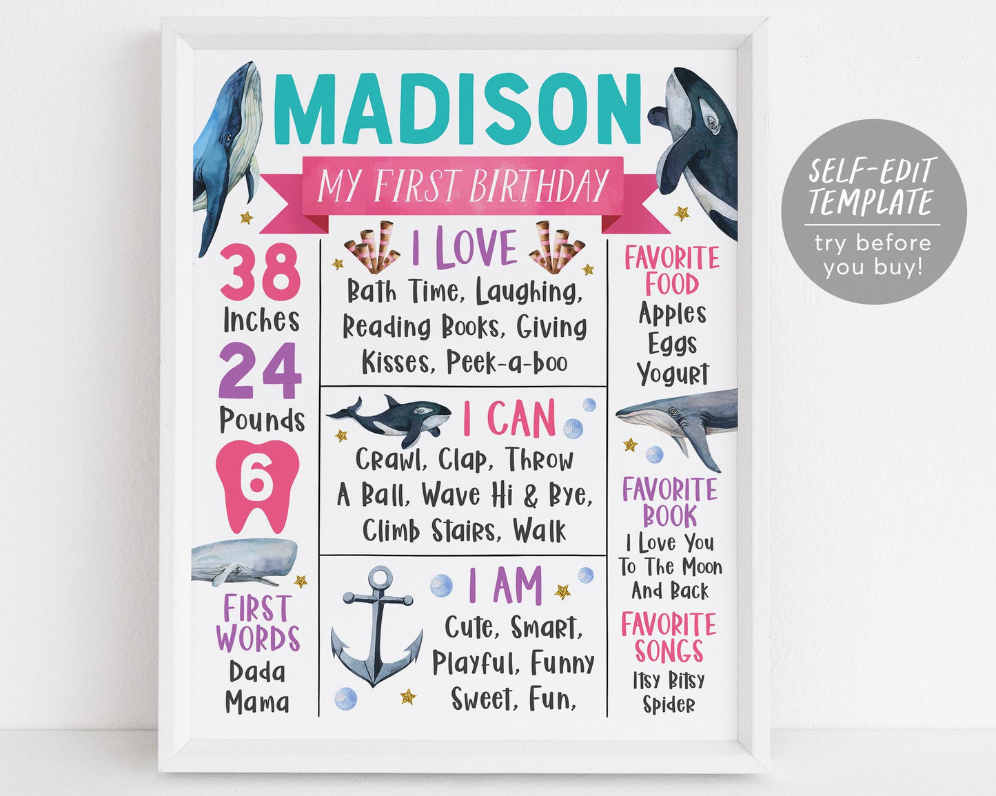 Whale First Year Milestone Sign Editable Template