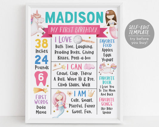 Mermaids And Unicorns First Year Milestone Sign Editable Template