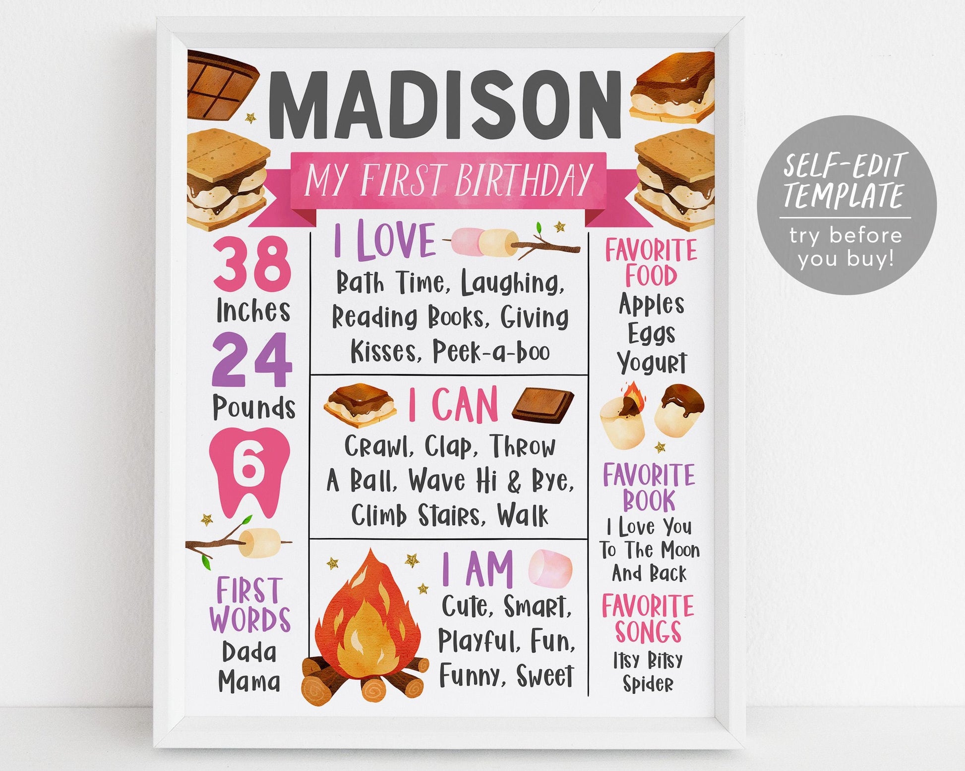S&#39;mores First Year Milestone Sign Editable Template