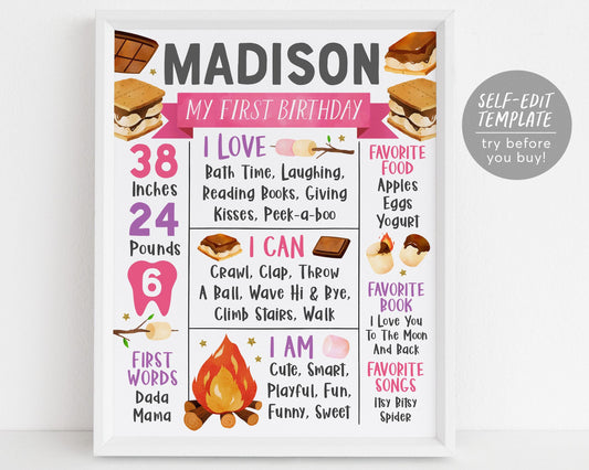 S&#39;mores First Year Milestone Sign Editable Template