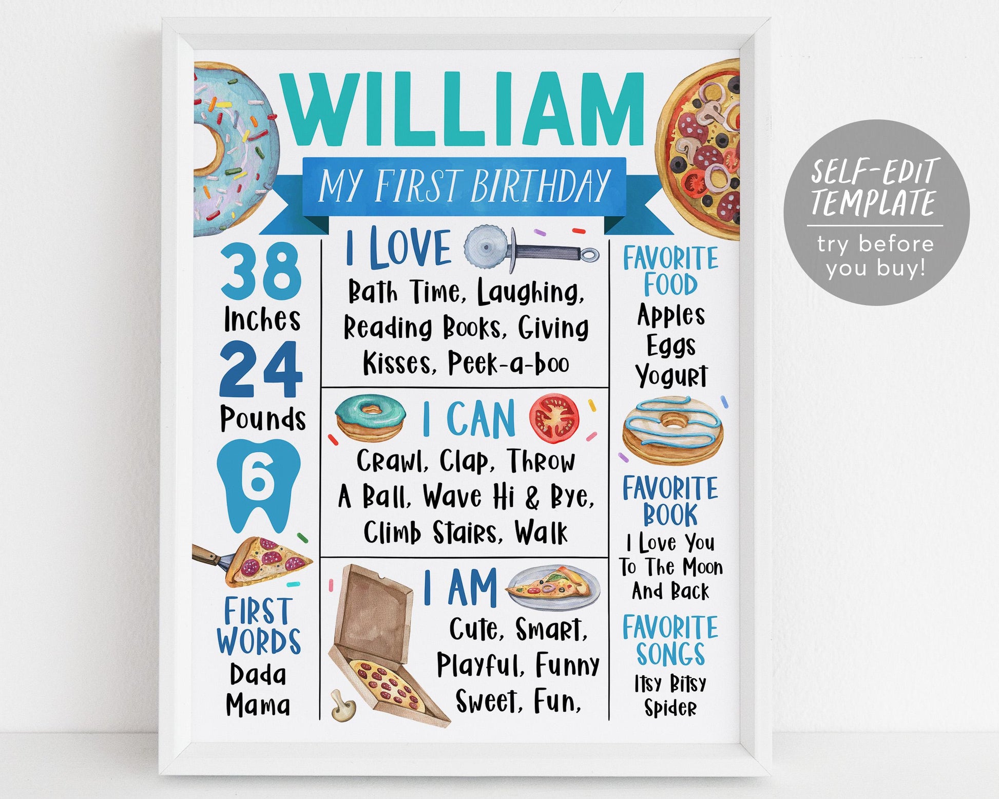 Pizza and Donuts First Year Milestone Sign Editable Template