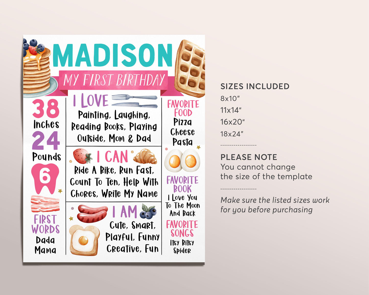 Breakfast Brunch First Year Milestone Sign Editable Template, Girl Rise And Shine Birthday Decor Birth Stats Poster, Pancakes One Year Board