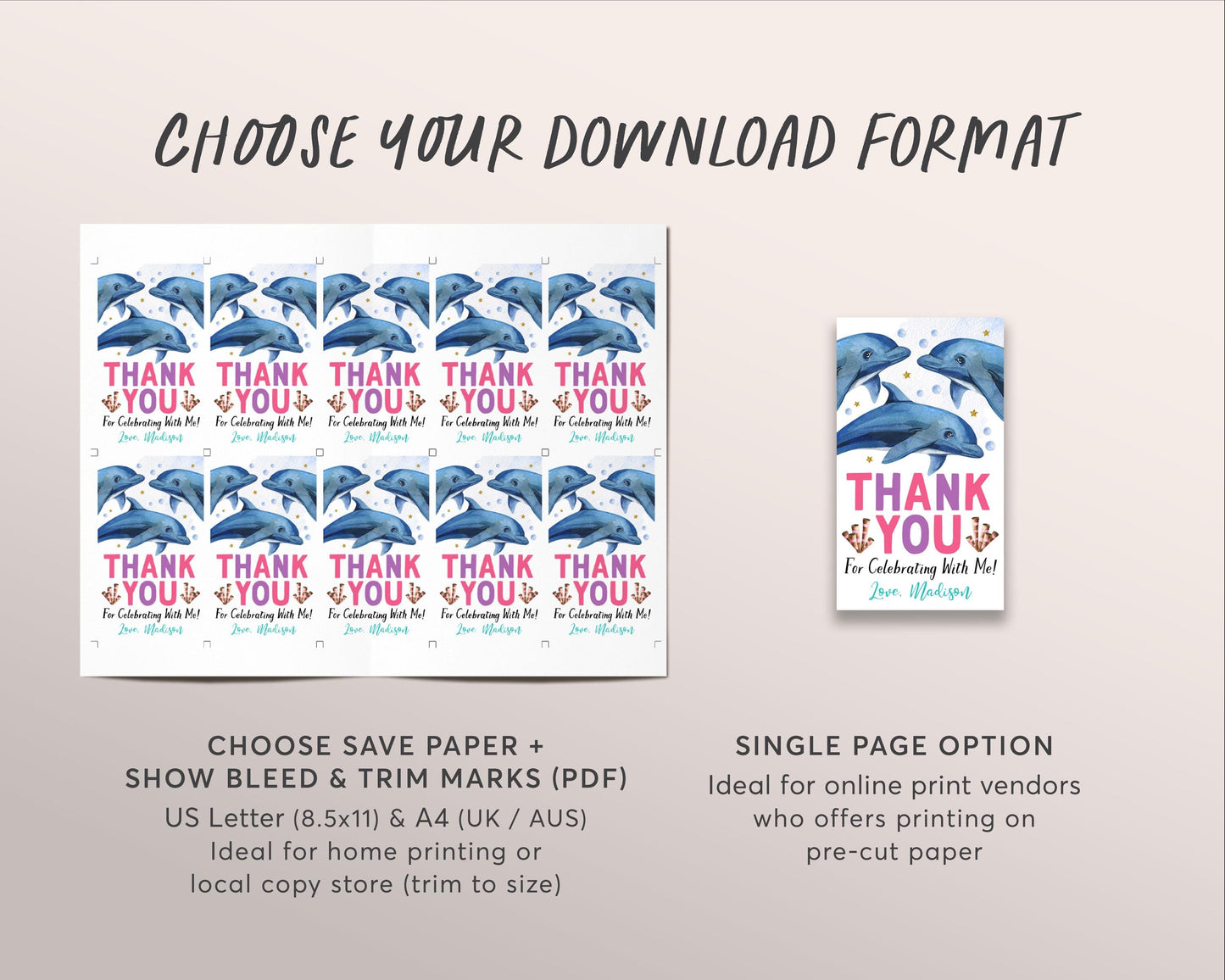 Dolphin Birthday Party Favor Tags Editable Template, Girl Dolphin Under The Sea Party Thank You Treat Bag, Aquarium Underwater Gift Tags