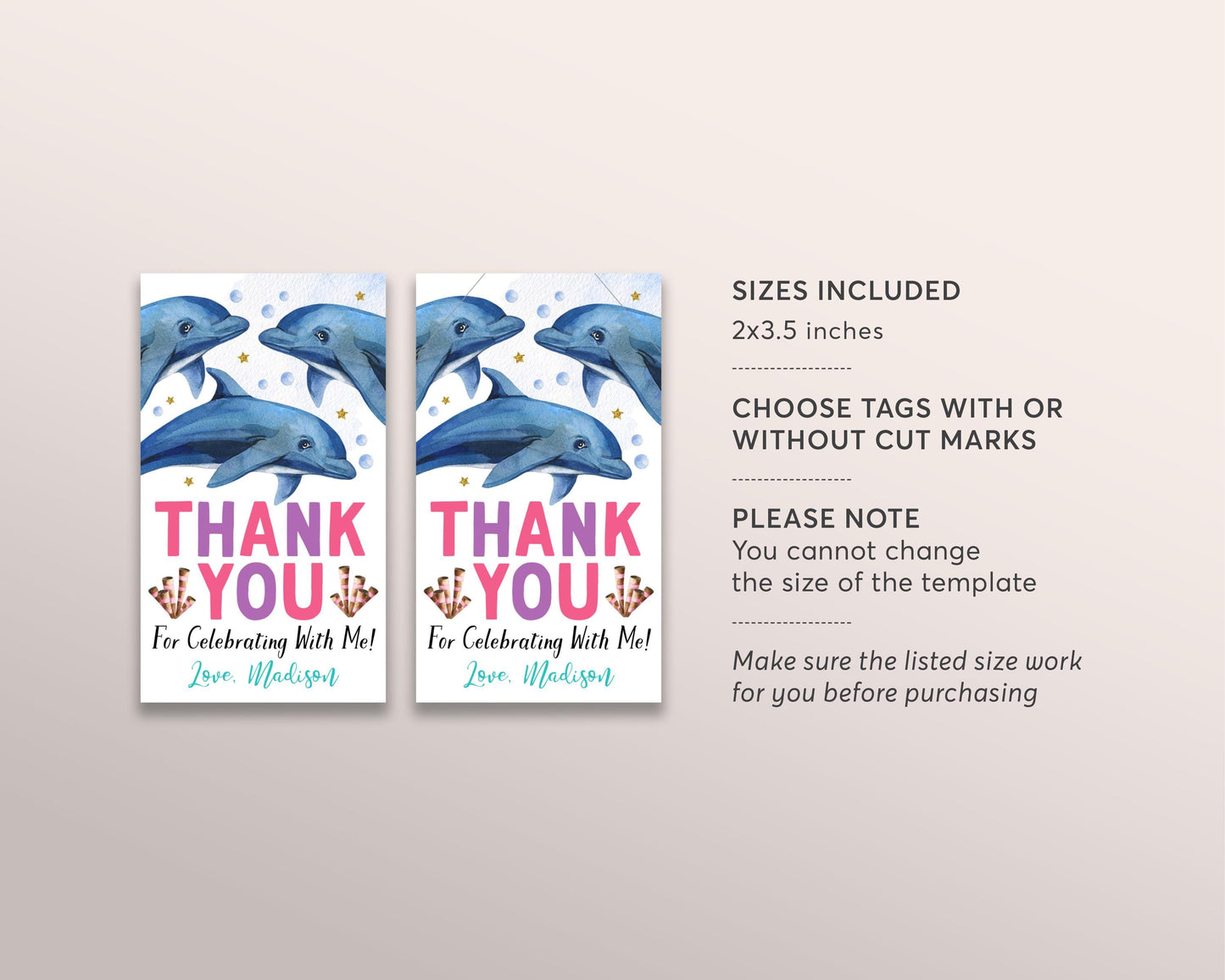 Dolphin Birthday Party Favor Tags Editable Template, Girl Dolphin Under The Sea Party Thank You Treat Bag, Aquarium Underwater Gift Tags