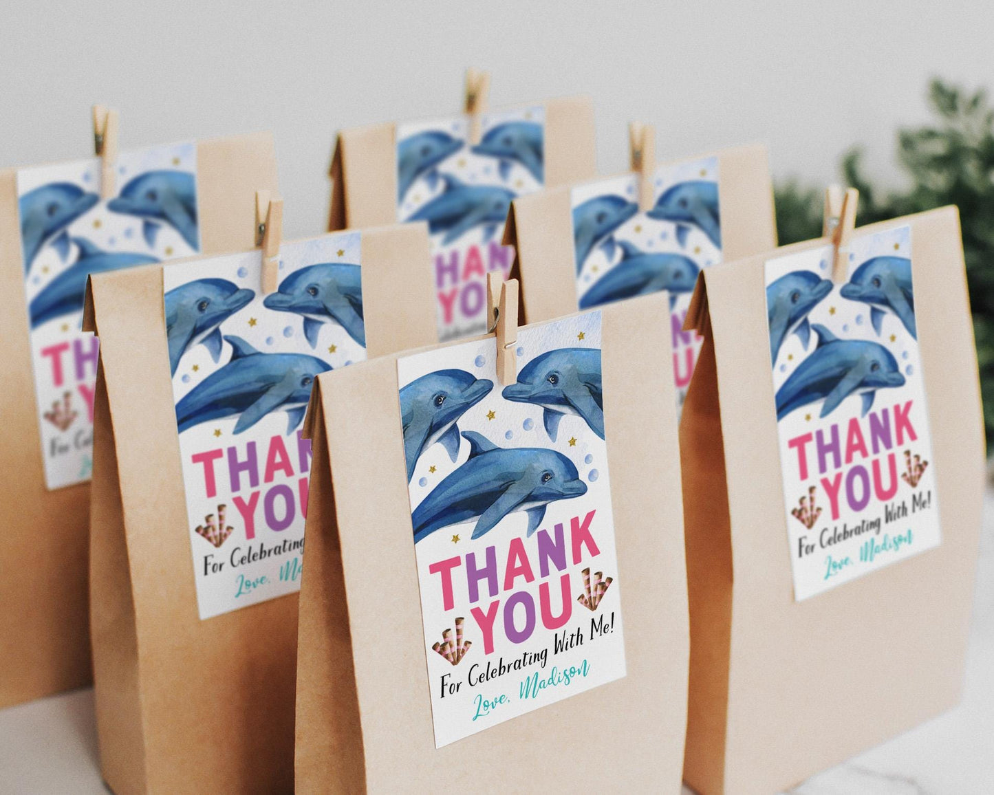 Dolphin Birthday Party Favor Tags Editable Template, Girl Dolphin Under The Sea Party Thank You Treat Bag, Aquarium Underwater Gift Tags