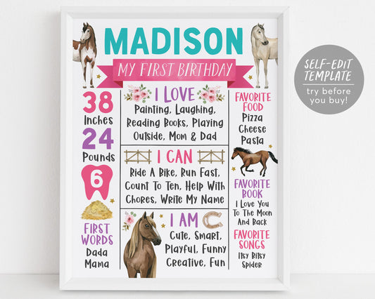 Horse Birthday First Year Milestone Sign Editable Template