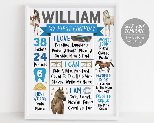 Horse Birthday First Year Milestone Sign Editable Template