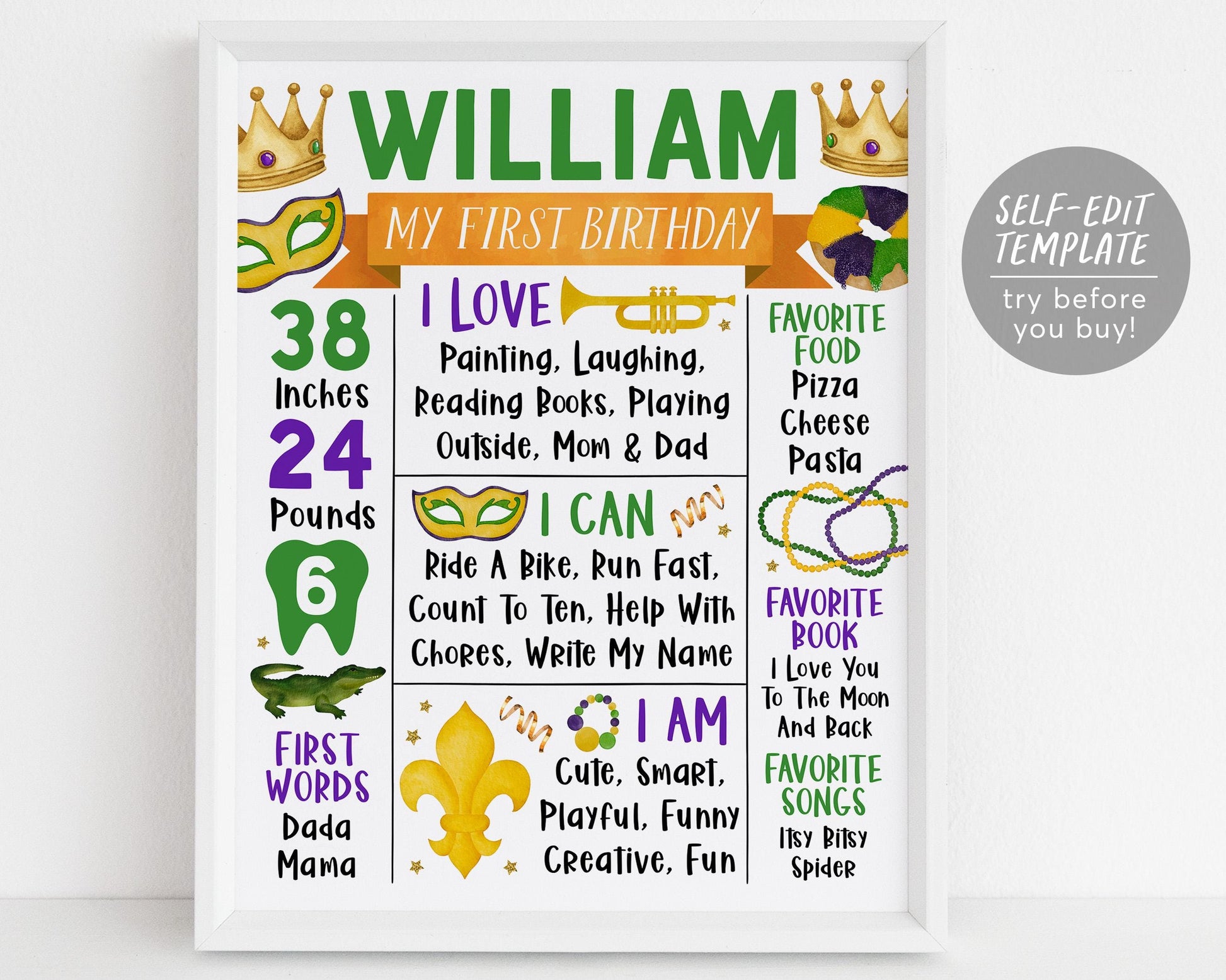 Mardi Gras Birthday First Year Milestone Sign Editable Template