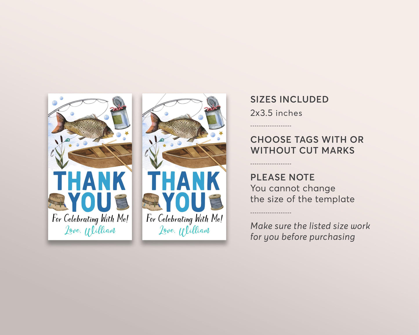Fishing Birthday Party Favor Tags Editable Template, Boy Reeling In A Ton Of Fun Thank You Treat Bag, Fish Party Fishing Reel Gift Tags