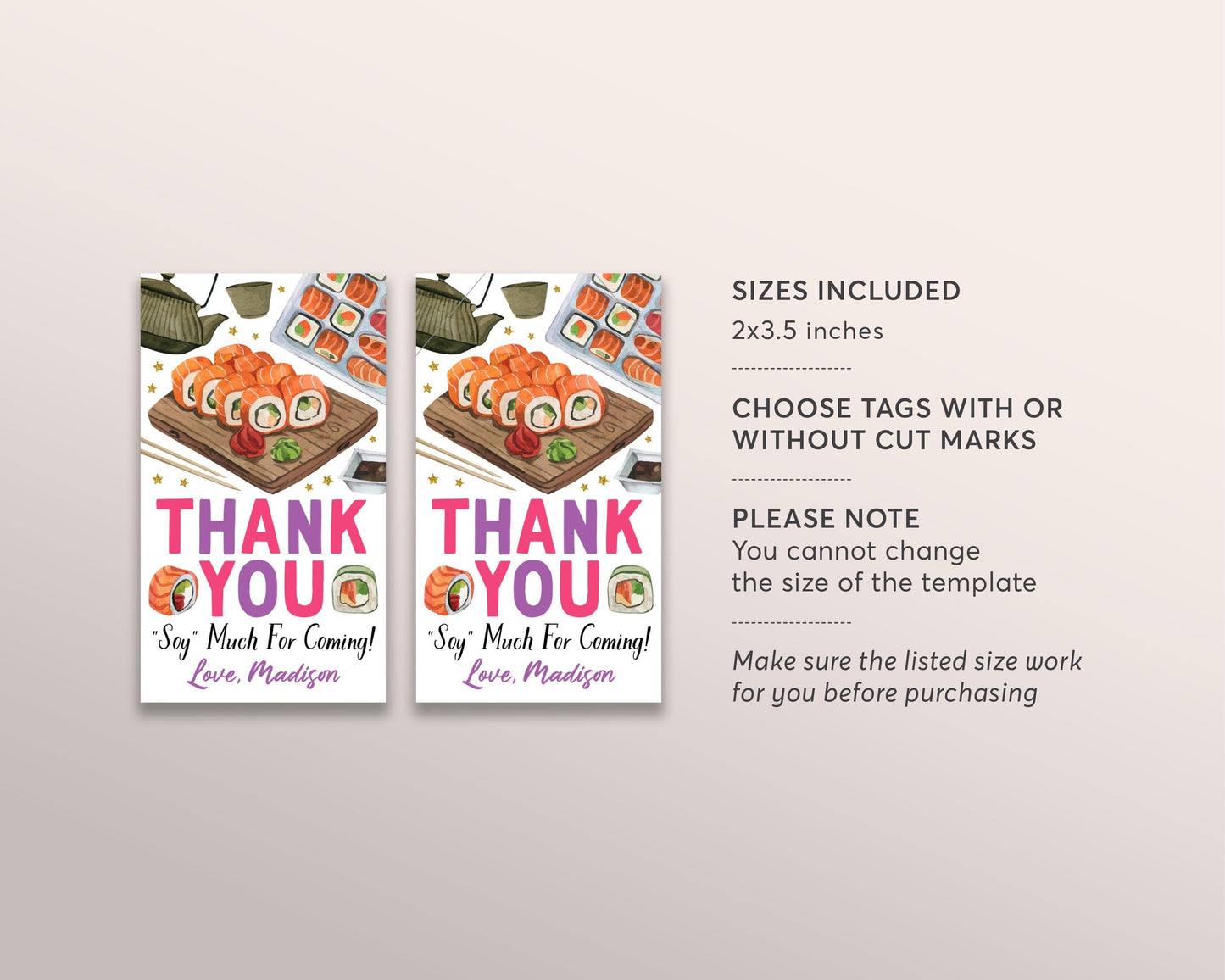 Sushi Birthday Party Favor Tags Editable Template, Japanese Birthday Dinner Thank You Soy Much Treat Bag, Let The Good Times Roll Gift Tags