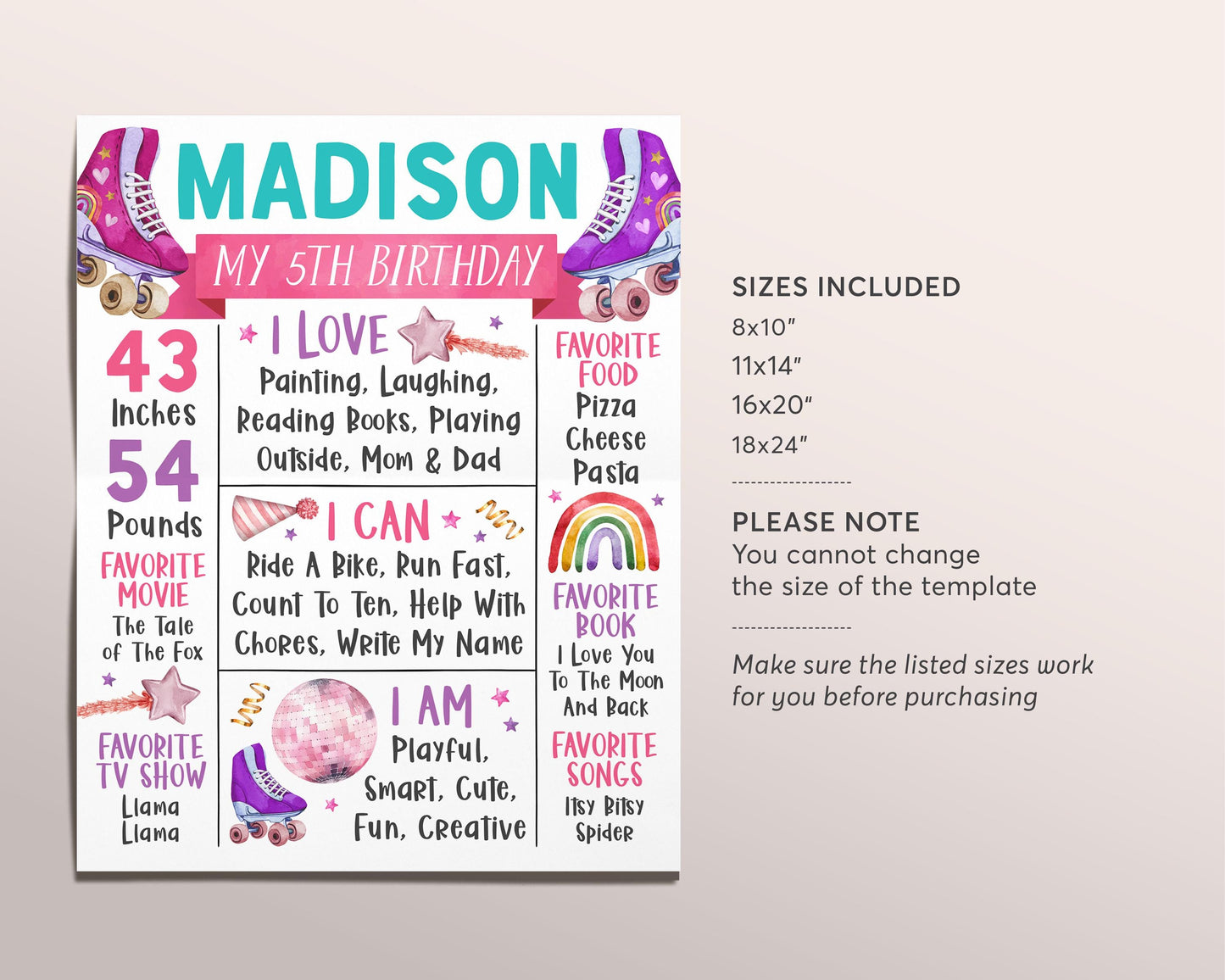 Roller Skating Birthday Milestone Sign Editable Template, Roller Skate Disco Ball Dance Party Stat Poster Rollerskating Rink One Year Board