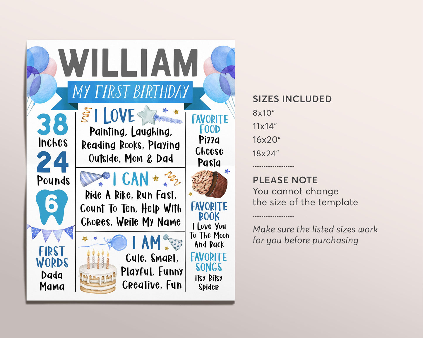 Birthday First Year Milestone Sign Editable Template, Boy Birthday Party Any Age Birth Stats Poster, Pink Balloons One Year Memory Board