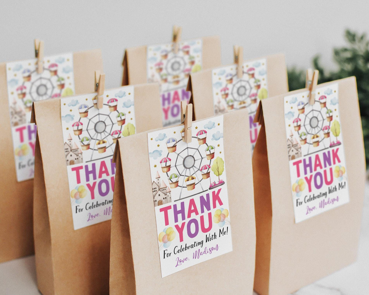 Amusement Park Birthday Party Favor Tags Editable Template, Girl Pink Carnival Thank You Treat Bag, Theme Park Party Gift Tags, Ferris Wheel