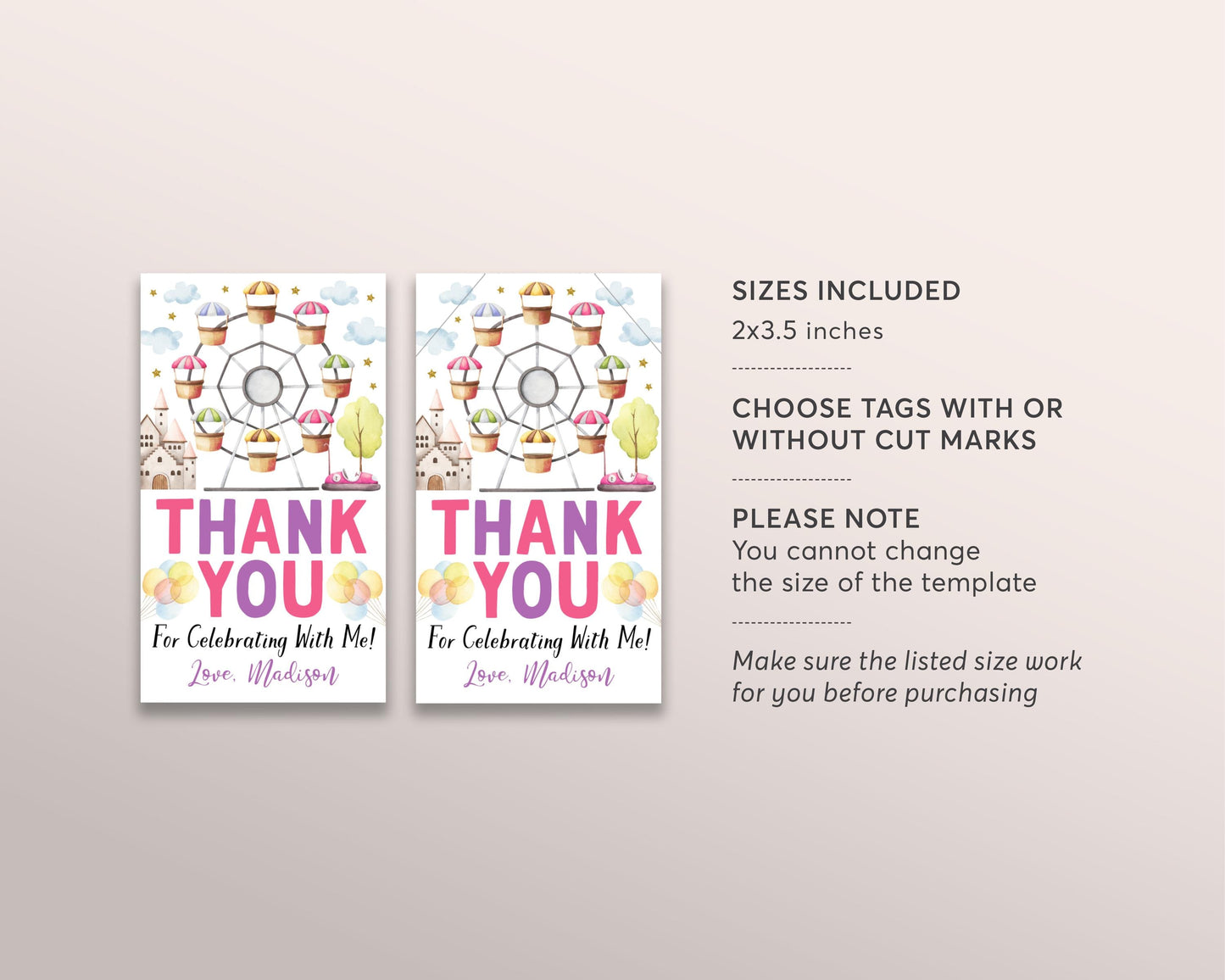 Amusement Park Birthday Party Favor Tags Editable Template, Girl Pink Carnival Thank You Treat Bag, Theme Park Party Gift Tags, Ferris Wheel