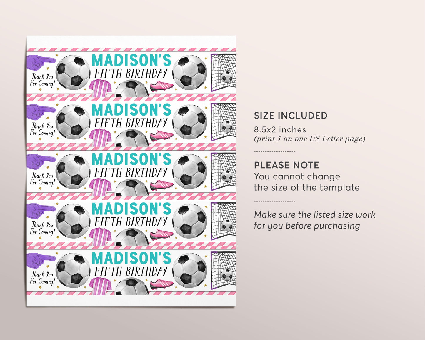 Soccer Water Bottle Labels Editable Template, Girl Soccer Birthday Party Bottle Wrapper Drink Tags, Football Tournament Water Bottle Wraps