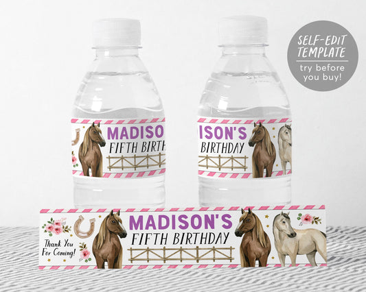 Horse Water Bottle Labels Editable Template