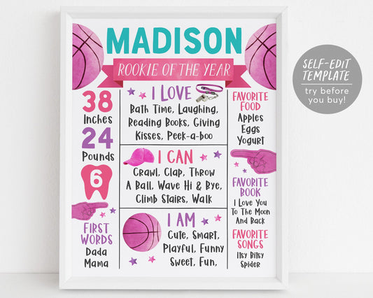 Basketball First Year Milestone Sign Editable Template
