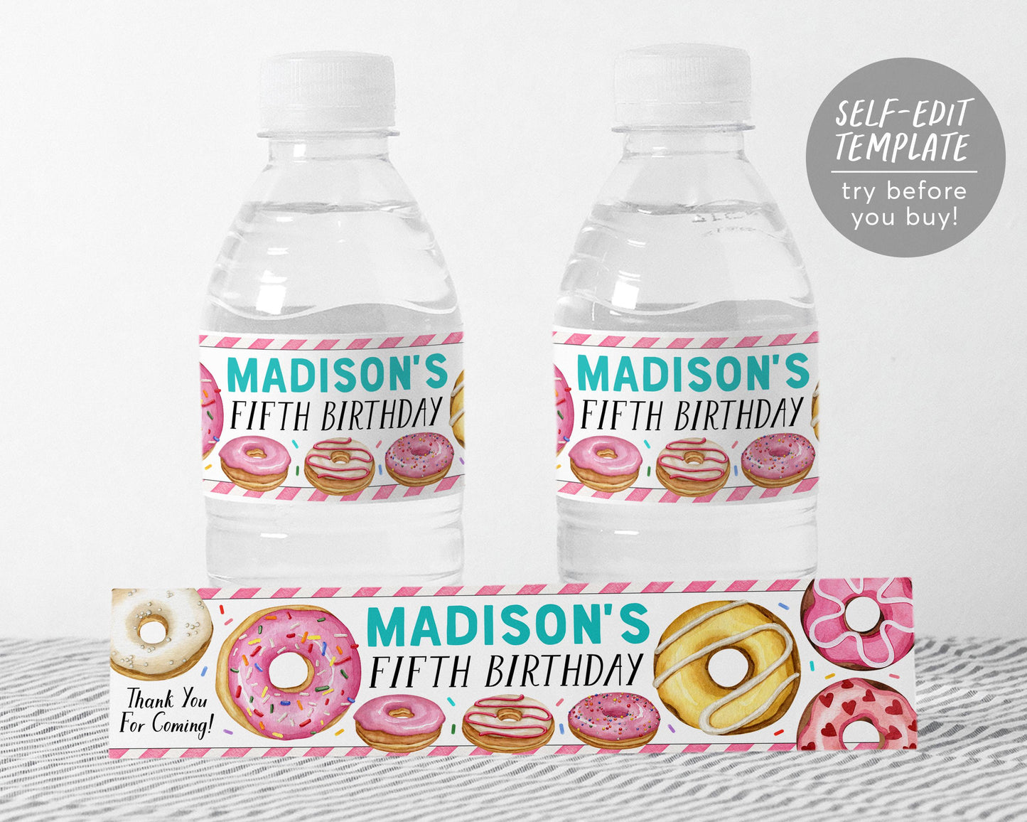 Donut Water Bottle Labels Editable Template