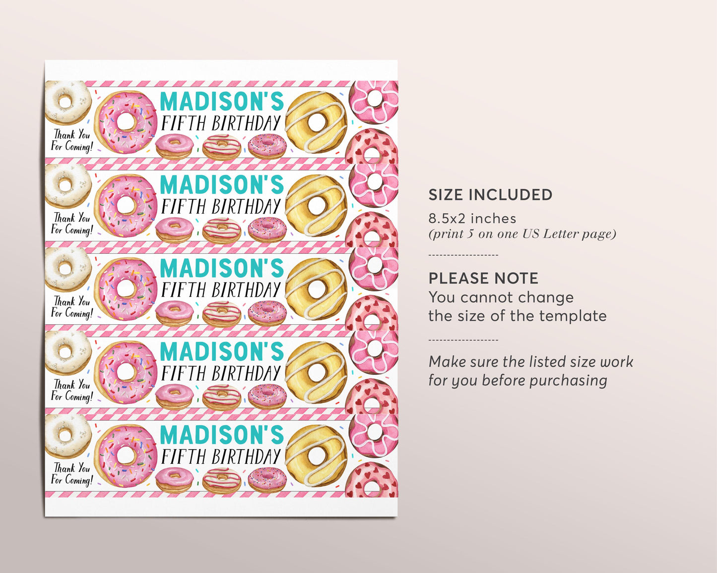 Donut Water Bottle Labels Editable Template, Pink Girl Donuts Birthday Party Bottle Wrapper Drink Tags, Kids Sprinkles Doughnut Bottle Wrap