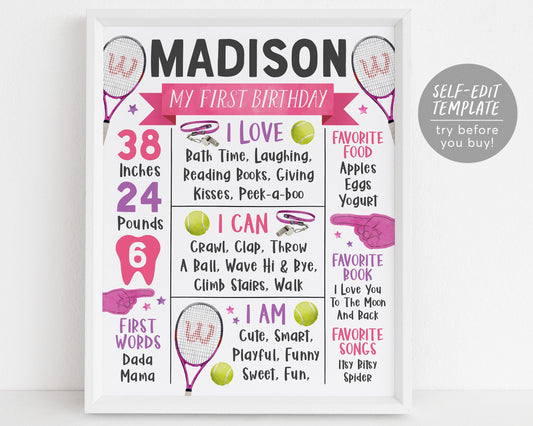 Tennis First Year Milestone Sign Editable Template