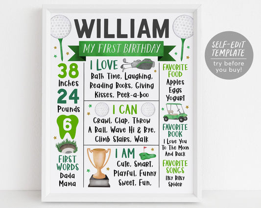 Golf Baby First Year Milestone Sign Editable Template