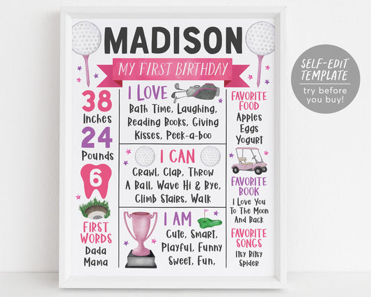 Golf Baby First Year Milestone Sign Editable Template