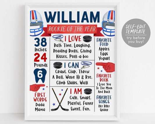 Ice Hockey First Year Milestone Sign Editable Template