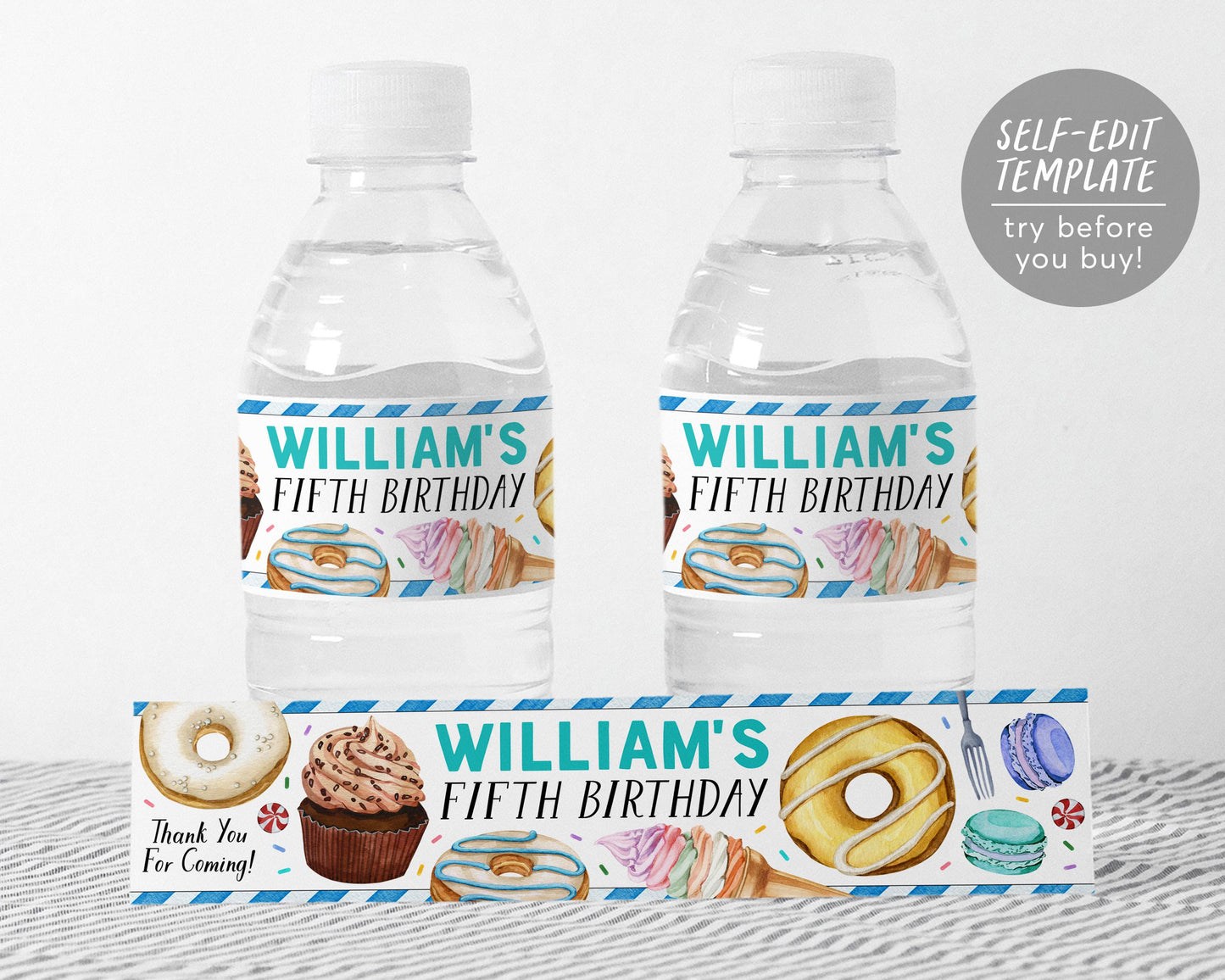 Sweet One Water Bottle Labels Editable Template