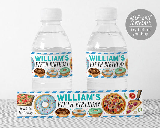 Pizza and Donuts Water Bottle Labels Editable Template