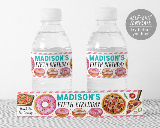 Pizza and Donuts Water Bottle Labels Editable Template