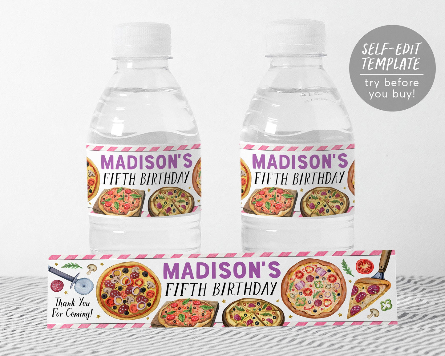 Pizza Water Bottle Labels Editable Template