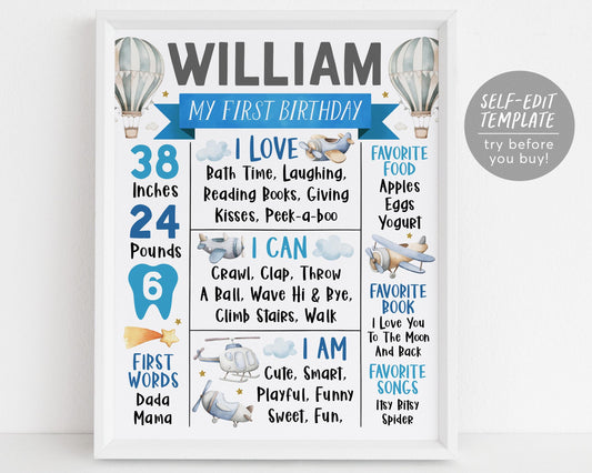 Airplane First Year Milestone Sign Editable Template