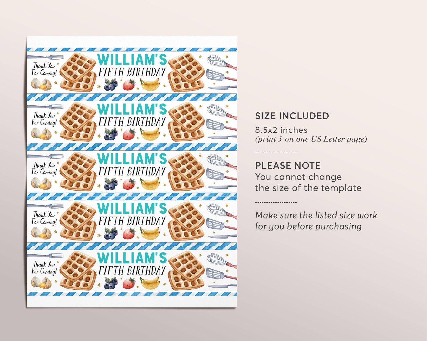 Waffles and Pajamas Water Bottle Labels Editable Template, Waffles Brunch Breakfast Birthday Party Bottle Wrapper Drink Tags Bottle Wrap